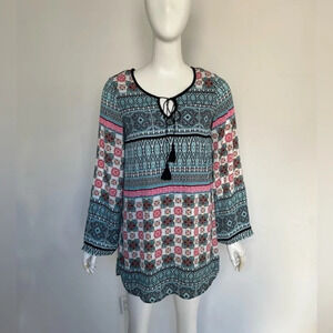 Speeklers Floral Blue, Multicolored Long Sleeve Tunic Dress Boho Small NWT